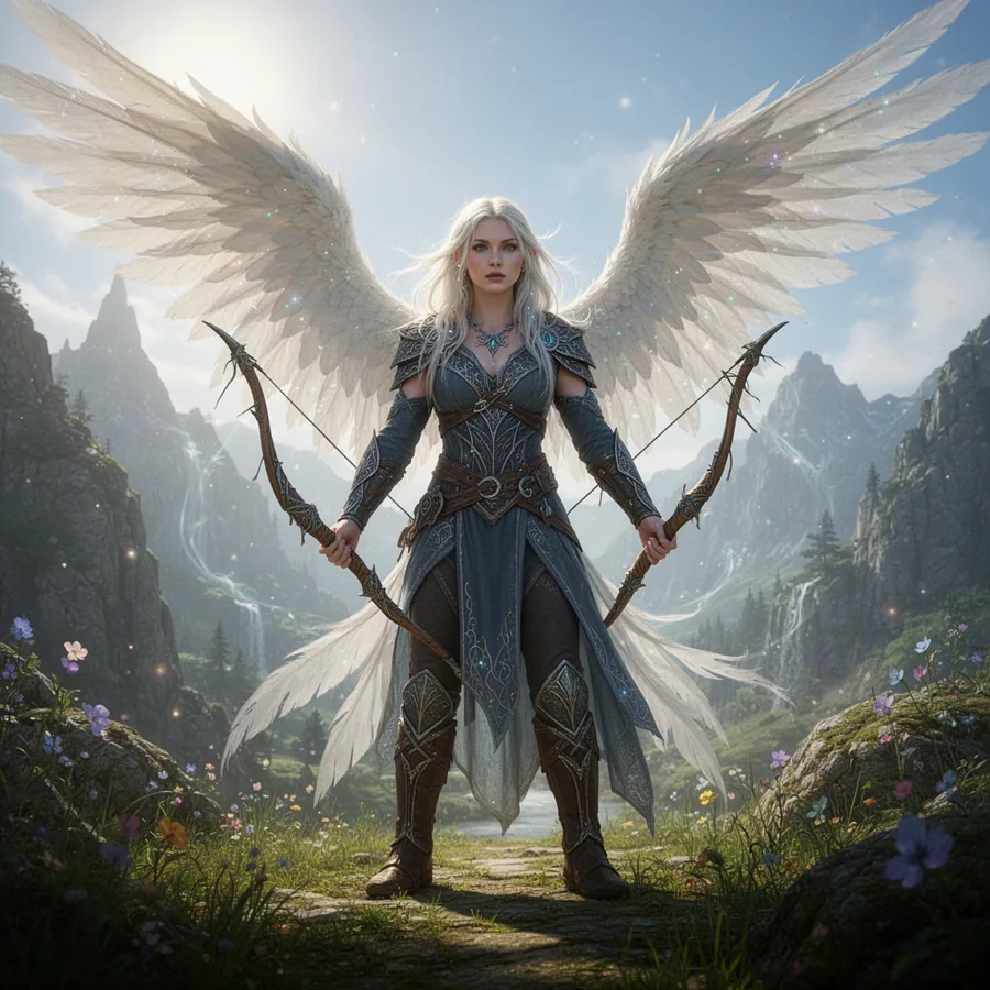 Winged archer character in a mountain meadow, repeat run of the same guided direction, near-identical to the first
