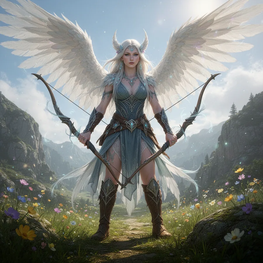 The same winged archer character in blue armour on a highland ridge, a controlled single-direction variation