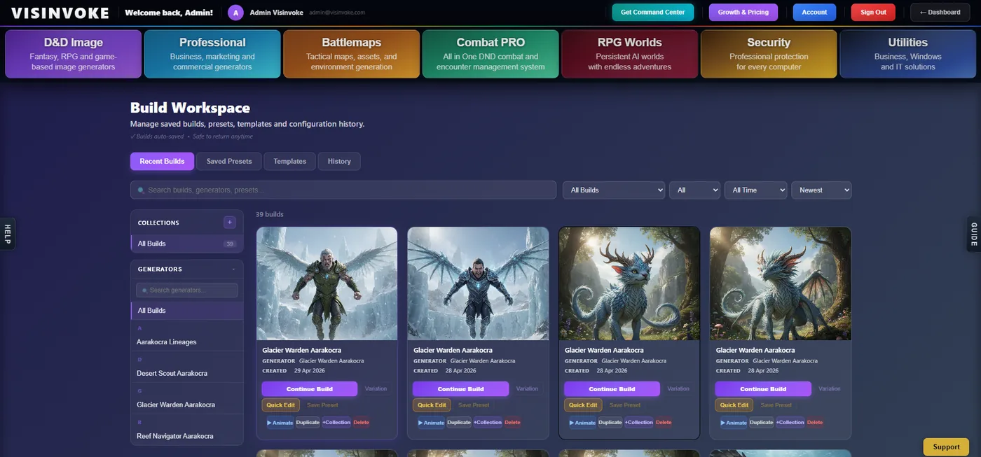 VISINVOKE Build Workspace showing Recent Builds, Saved Presets, Templates, History, Collections, a generator list and saved build cards with Continue Build and Quick Edit actions.