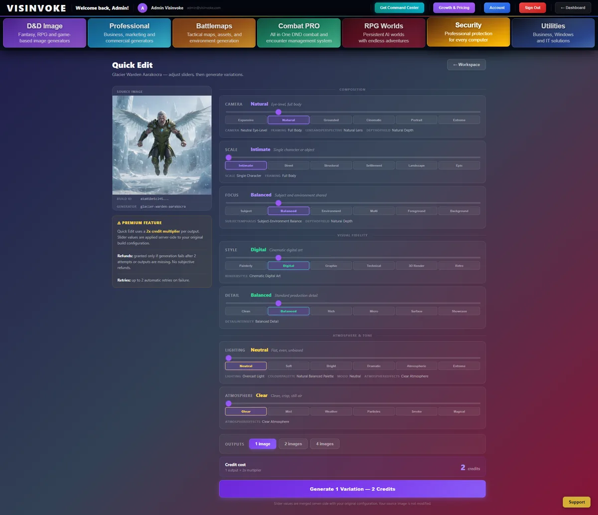 VISINVOKE Quick Edit interface with structured sliders for camera, scale, focus, style, detail, lighting and atmosphere, an output count selector, credit cost and a Generate Variation button.