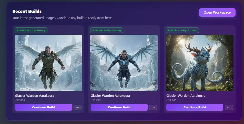 VISINVOKE Recent Builds panel showing three saved build cards, each marked Build clarity Strong, with Continue Build buttons and an action menu.