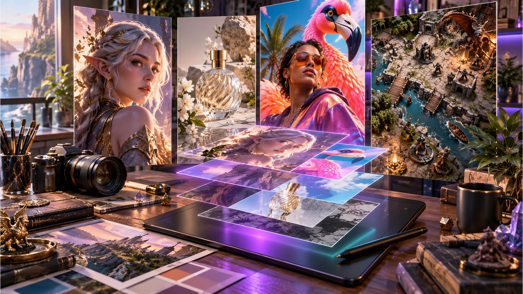 Illustration of fantasy character imagery, commercial product visuals, layered image composition and a tactical battlemap