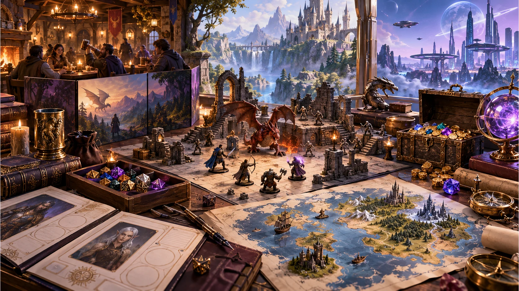 Illustration of tabletop combat, character and encounter generation, treasure, maps and fantasy and science-fiction world-building