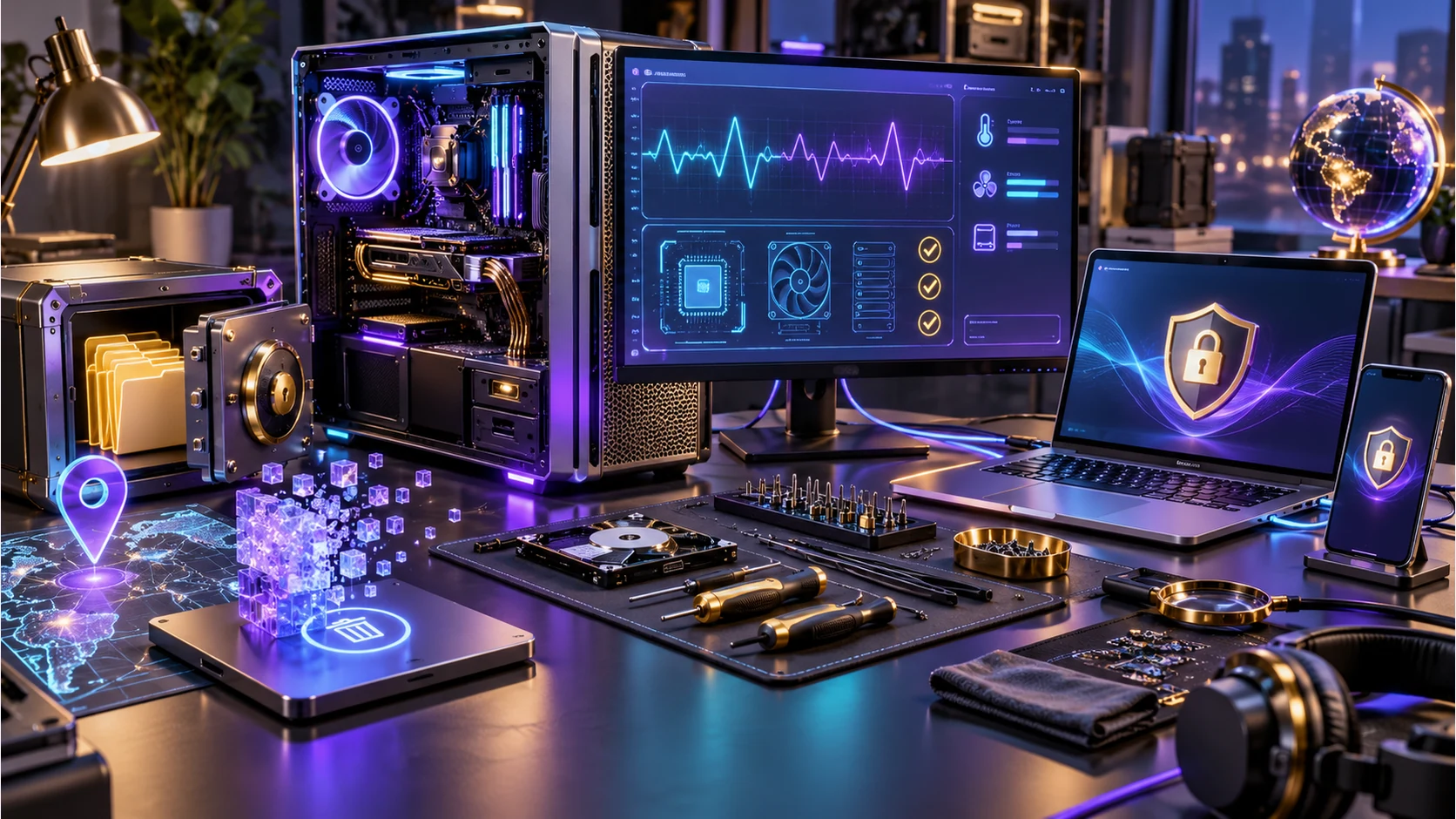 Illustration of a computer diagnostic bench, repair tools, protected files and secured laptop and mobile devices