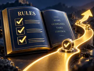 A rulebook and checkpoint illustrate agent task controls.