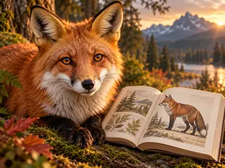 A red fox and field reference illustrate animal discovery.