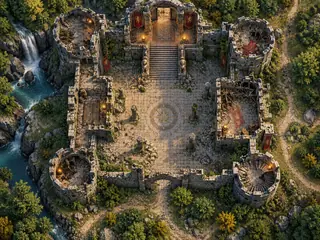 An overhead ruined-keep tactical map with clear terrain.