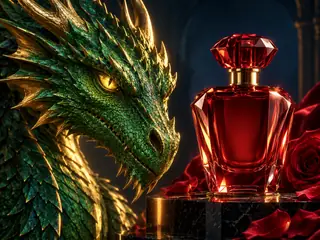 An emerald fantasy dragon and ruby-red commercial perfume imagery in a unified split.