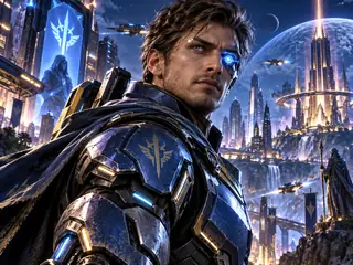 A cybernetic explorer in a futuristic science-fiction city.