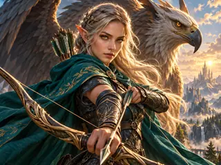 A vivid elven ranger and griffin represent fantasy image creation.