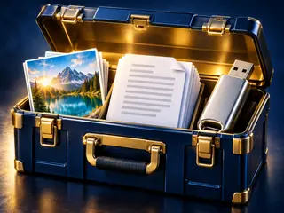 An image, document stack and USB drive form a premium utility toolkit.