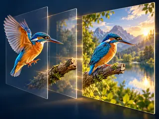 Separate image layers align into a finished composition.
