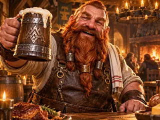A distinctive dwarven tavern keeper represents tabletop NPC creation.
