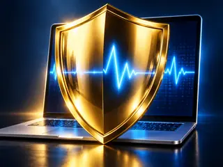A protective shield and laptop illustrate managed computer security.