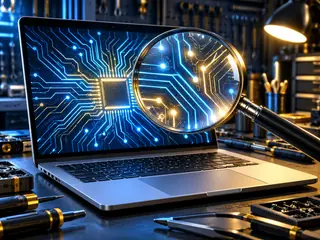 A diagnostic lens examines a Windows laptop.