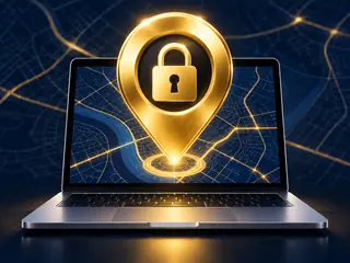 A location marker and lock surround a protected computer.