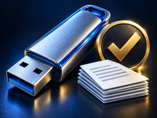 A USB drive, prepared files and verification checkmark.