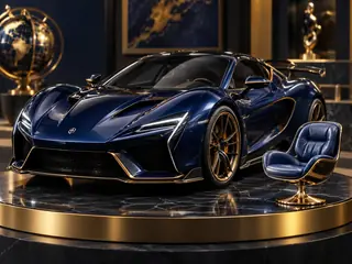 Fictional car and furniture collectibles on private display.