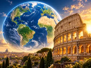 Earth and a city landmark represent geographic discovery.
