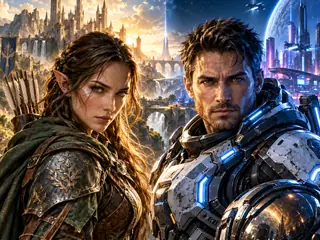 Fantasy and science-fiction RPG characters sharing one world-spanning scene.